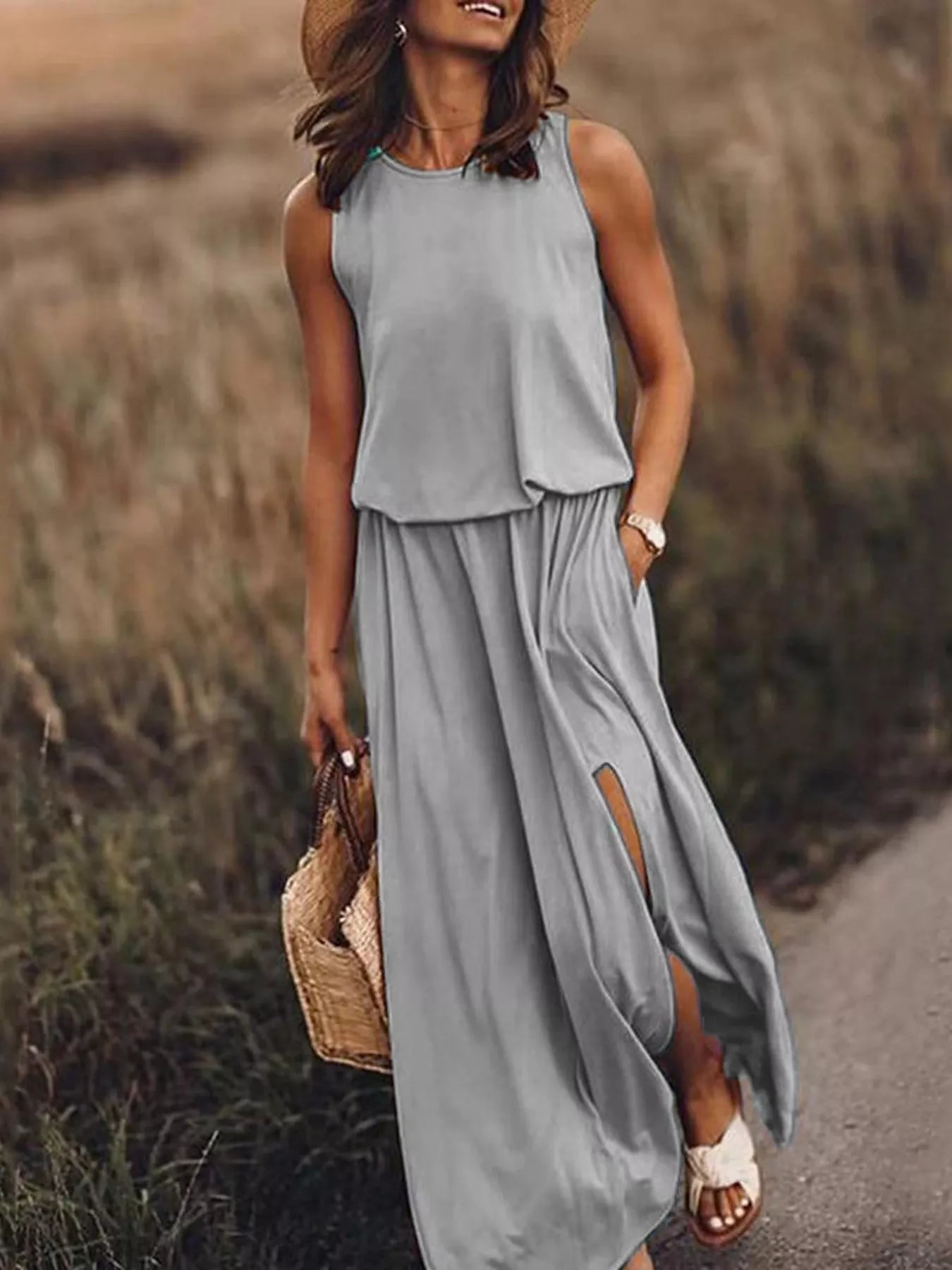 Full Size Round Neck Sleeveless Slit Maxi Dress Plus Size Grey 3517285ea83643a48de2aad3adc3be86-Max-Origin
