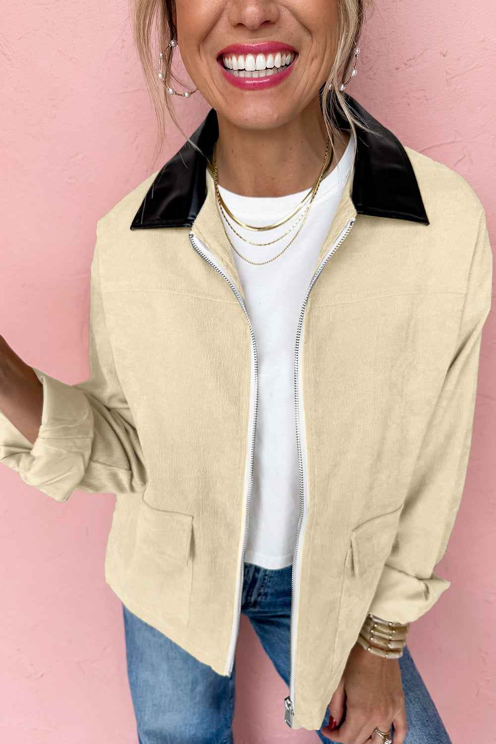 Parchment Contrast Leather Collar Textured Zip Up Jacket Parchment 100%Polyester 3519e853d82838bf
