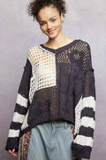 POL Color-Blocked Stripe Pattern Knit Top with Twisted Weave CHARCOAL 351b78fe-0609-4152-adb3-d36a24e4e2bb-Max-Origin
