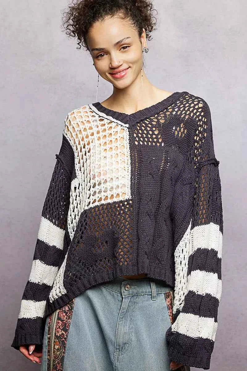 POL Color-Blocked Stripe Pattern Knit Top with Twisted Weave CHARCOAL 351b78fe-0609-4152-adb3-d36a24e4e2bb-Max-Origin