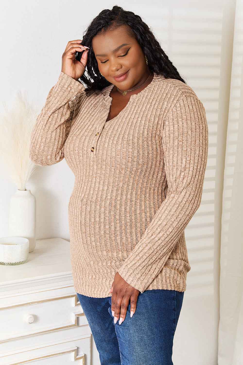 Double Take Notched Neck Ribbed Long Sleeve T-Shirt 35211626f81949c69288e9fc70f48b2a-Max