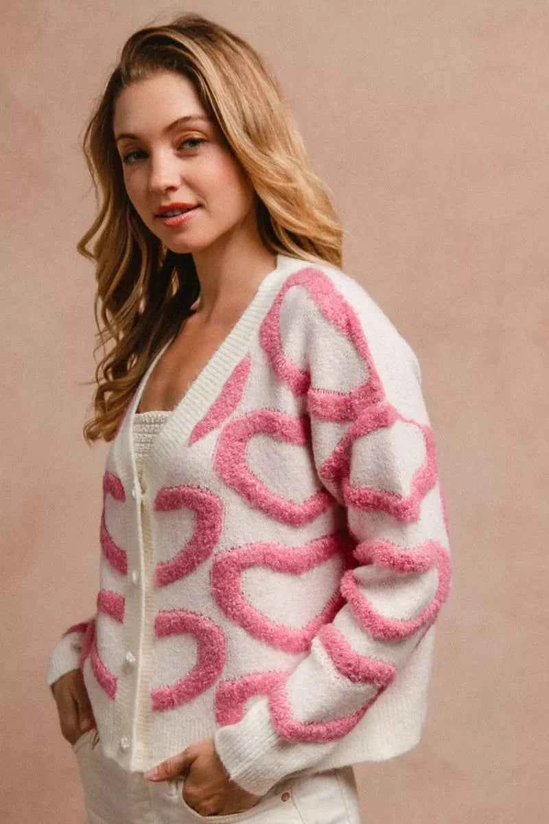 BiBi Textured Heart Buttoned V Neck Cardigan 3525506f1d944707af0f0ce3a33e8945-Max-Origin