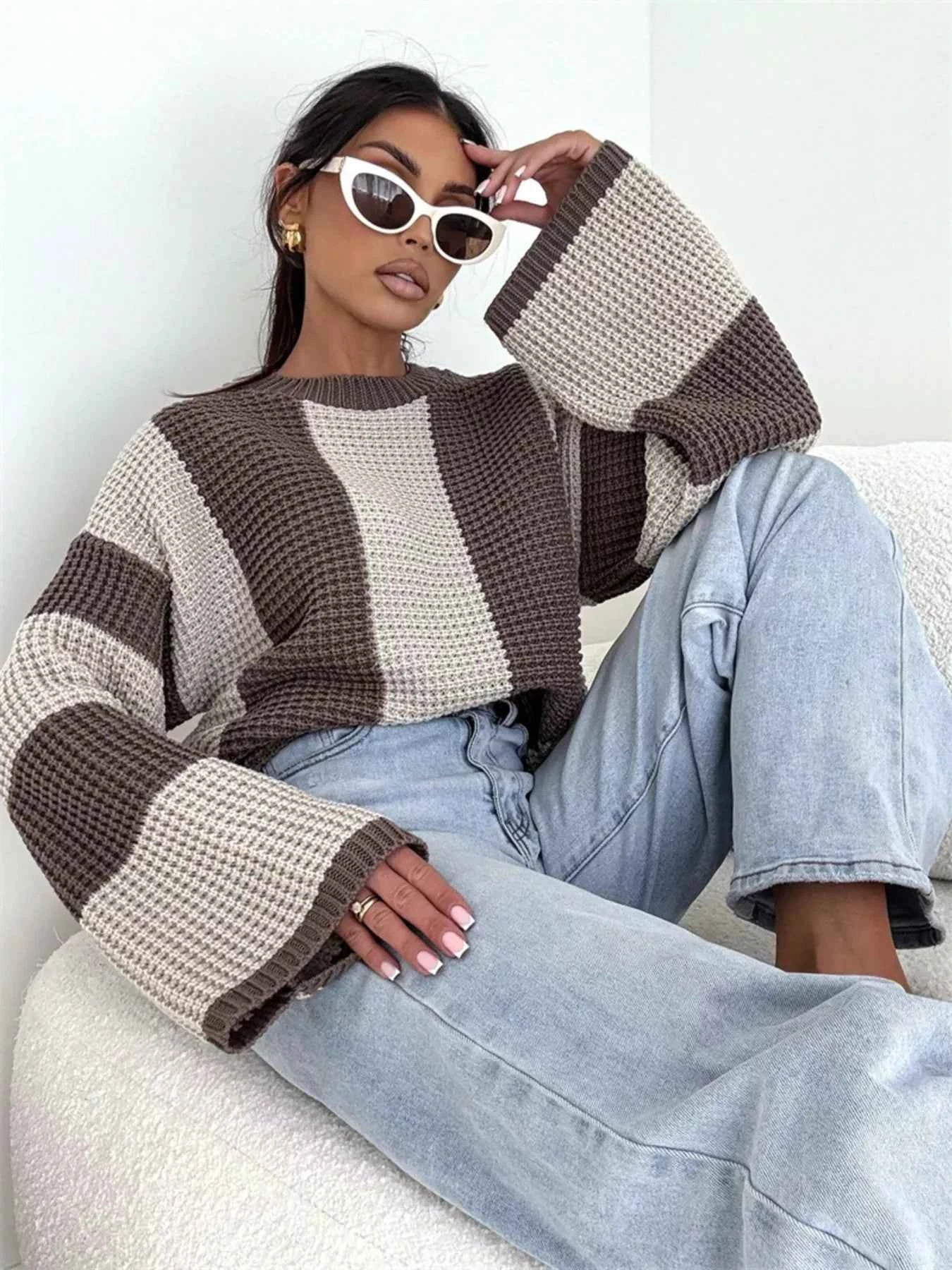 Color Block Long Sleeve Sweater Apricot 3526d38225604c54926dc2b12da627b3-Max-Origin