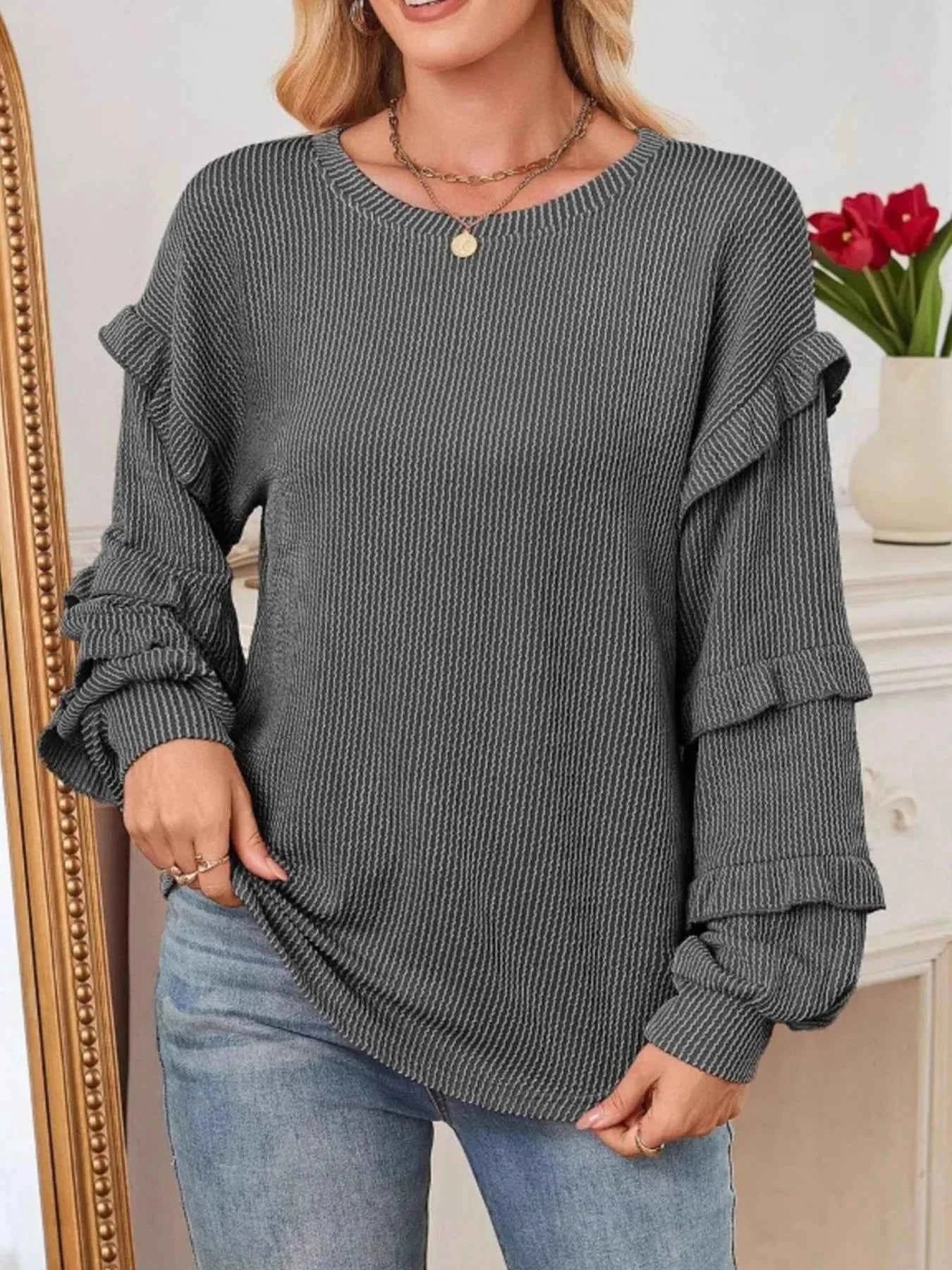 Ruffled Round Neck Long Sleeve Sweatshirt 3527f3aa-52a2-487e-b0ef-767a293ce91c-Max-Origin