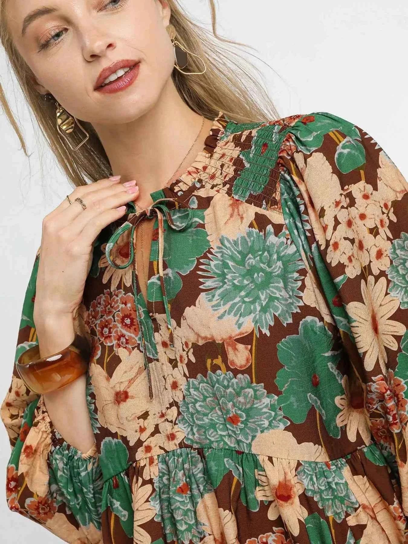 Umgee Mix Floral Peplum Blouse with Tie Neck 3529bcecac1442aeaa0b913a907b6fd3-Max-Origin