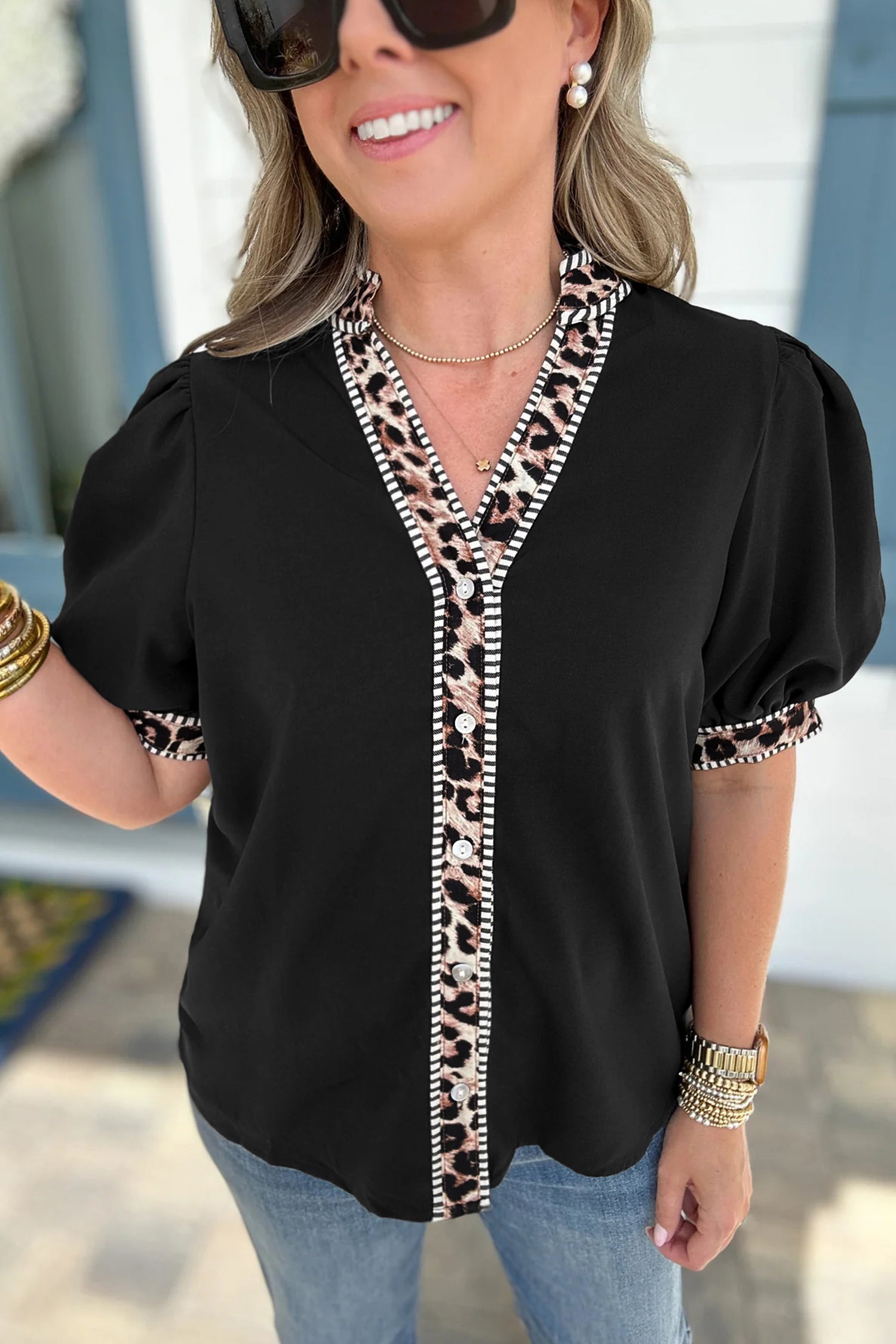 Black V Neck Short Puff Sleeve Contrast Striped Leopard Trim Button Down Shirt 352a3f4ad10ed569