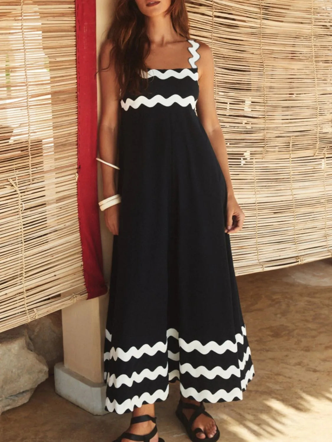 Contrast Trim Square Neck Maxi Cami Dress Black White 352a6545-5d74-40bc-9daa-1053f51642b3-Max-Origin