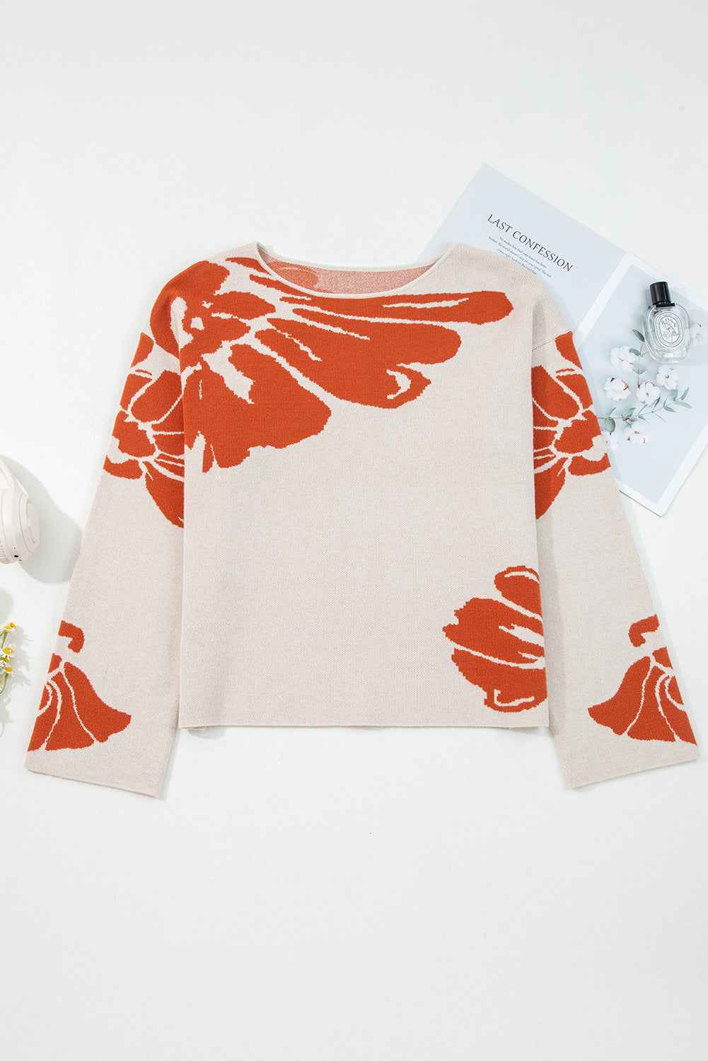Green Flower Pattern Drop Sleeve Baggy Sweater 3531dc74e4f190cf
