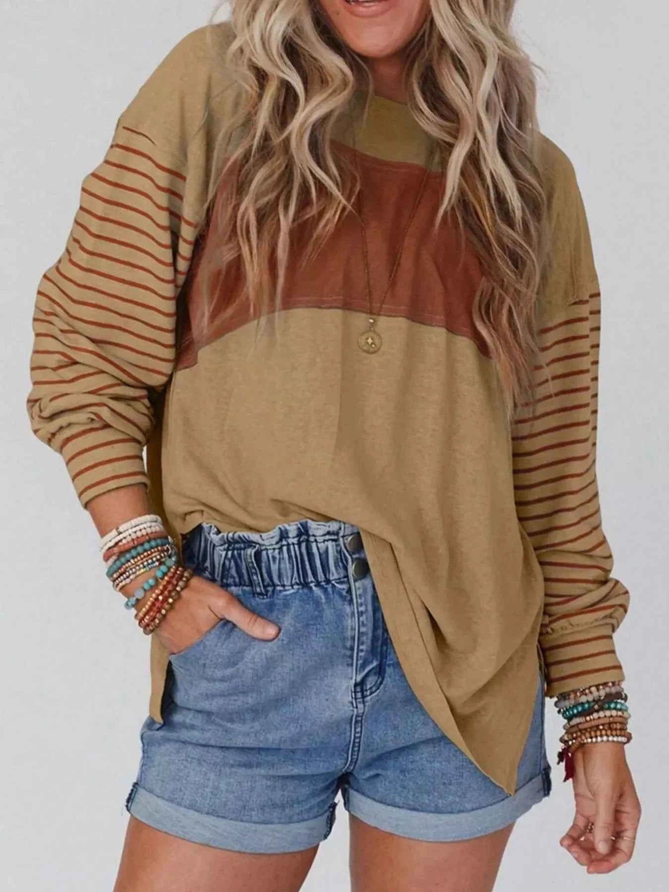 Striped Color Block Long Sleeve T-Shirt 3534ae78-f24a-4341-b86f-0f3455e2e898-Max-Origin