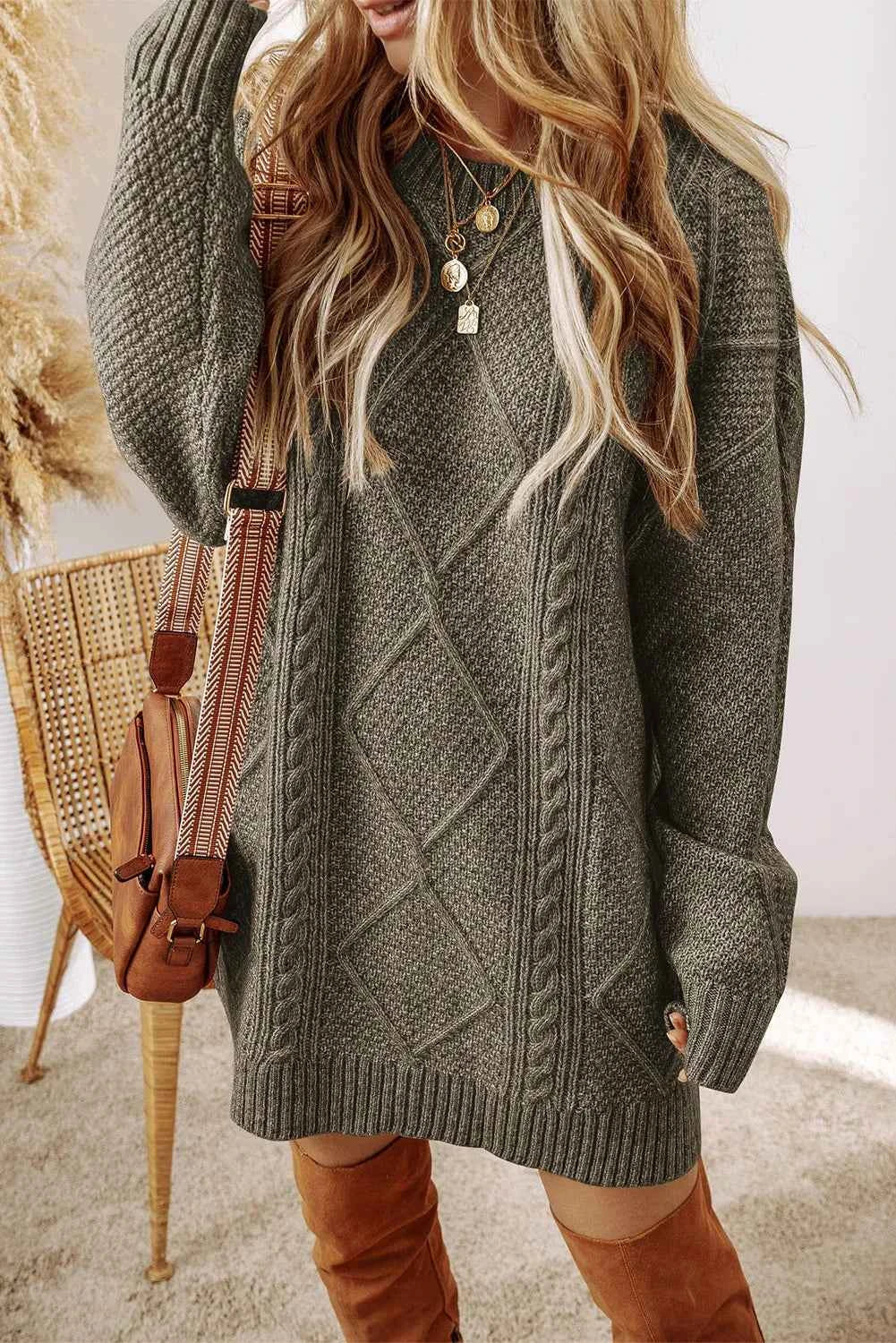 Cable-Knit Round Neck Sweater Dress Sage 3536365a-485e-4815-b659-84d567aff8e7-Max