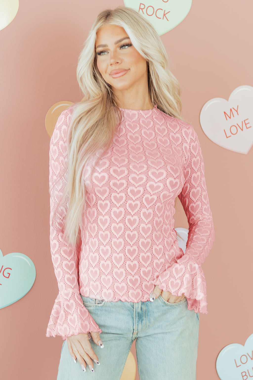 Gossamer Pink Heart Jacquard Flare Sleeve Mock Neck Fitted Top 353d0a62a66fa732