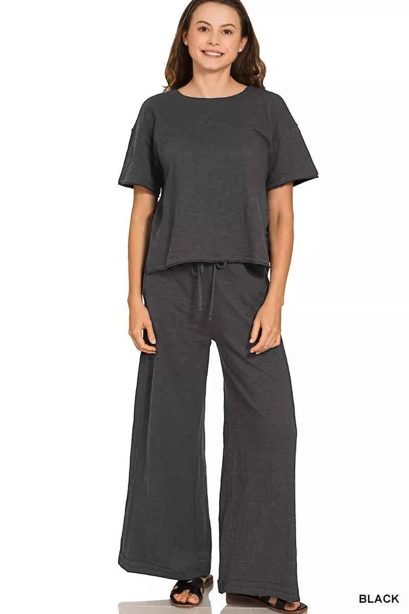 Zenana Cotton Slub Short Sleeve Tee and Pants Set BLACK 353e6619686b4ff5912ded6d648c20a4-Max-Origin