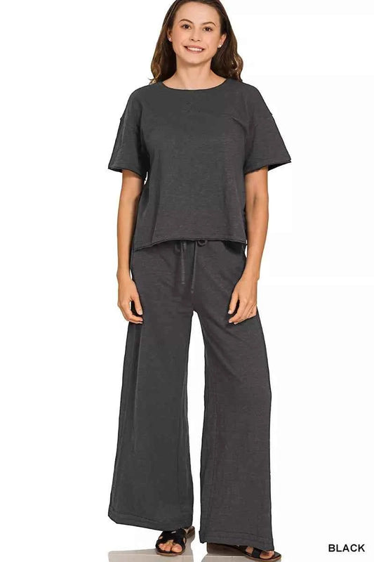 Zenana Cotton Slub Short Sleeve Tee and Pants Set BLACK 353e6619686b4ff5912ded6d648c20a4-Max-Origin