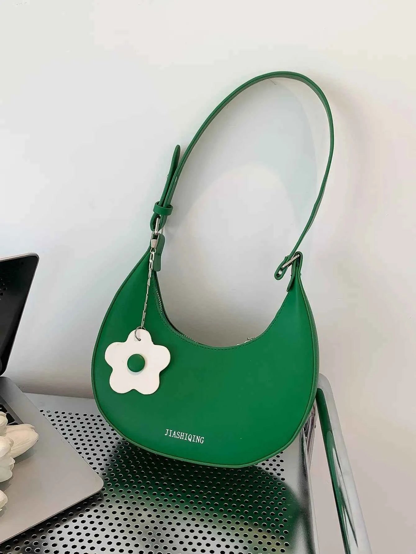 Crescent Shoulder Bag with Flower Charm Green onesize 353f64affe97447fa17da6d0a6953b9c-Max-Origin