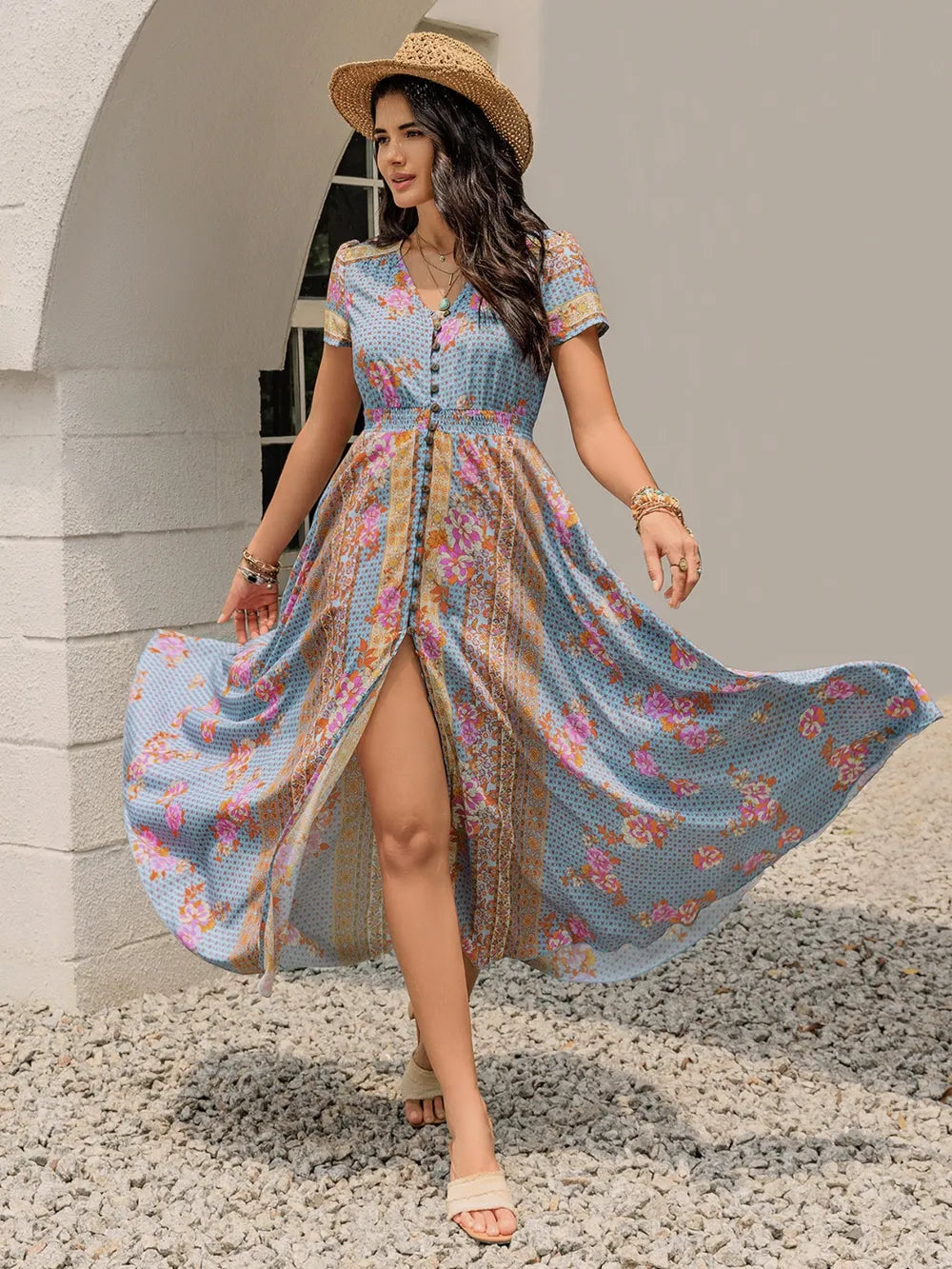 Smocked Floral V-Neck Short Sleeve Midi Dress 3542ade5-a3a7-4487-ae57-6c123b46ebcc-Max