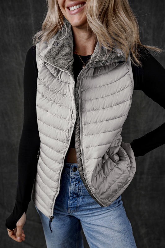 Silvery Plush Collared Quilted Zipped Puffer Vest 354433208c811bb7