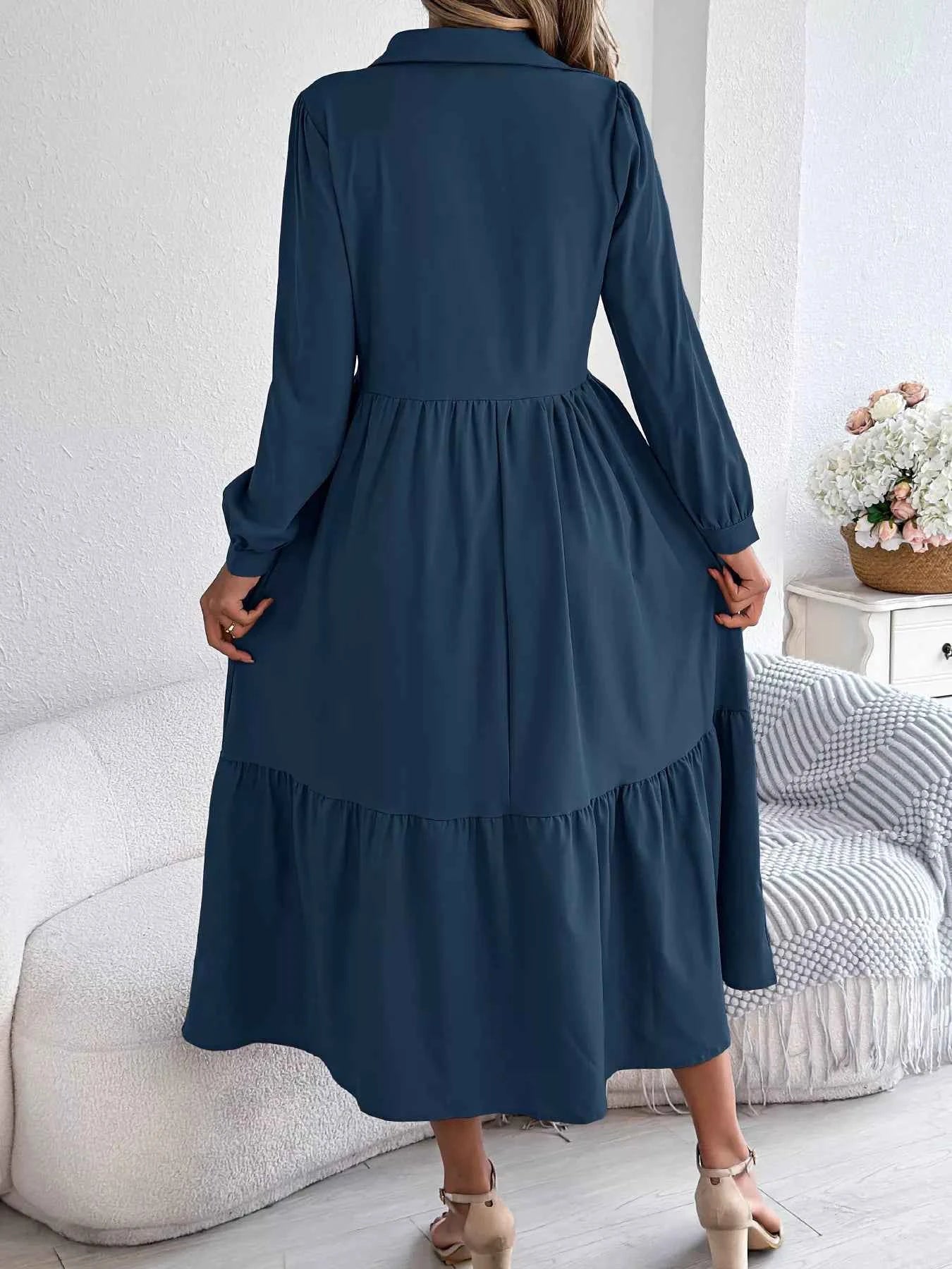 Long Sleeve Tiered Button Front Midi Dress 3545672687bb44c19730d36f3827dc7c-Max-Origin