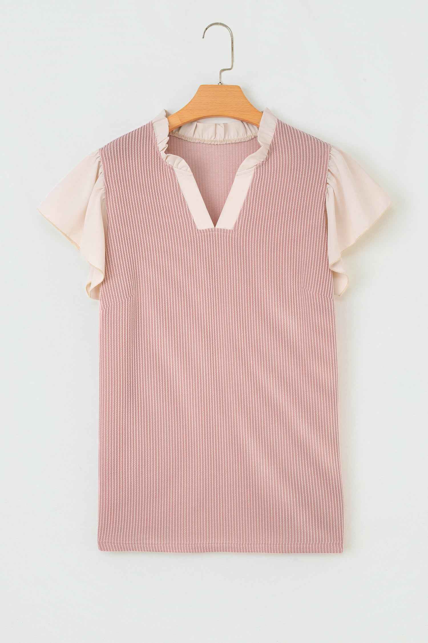 Light Blue Plus Size Contrast Frilled Neckline Ruffled Short Sleeve Ribbed Textured Blouse 35465608bdbf78a2