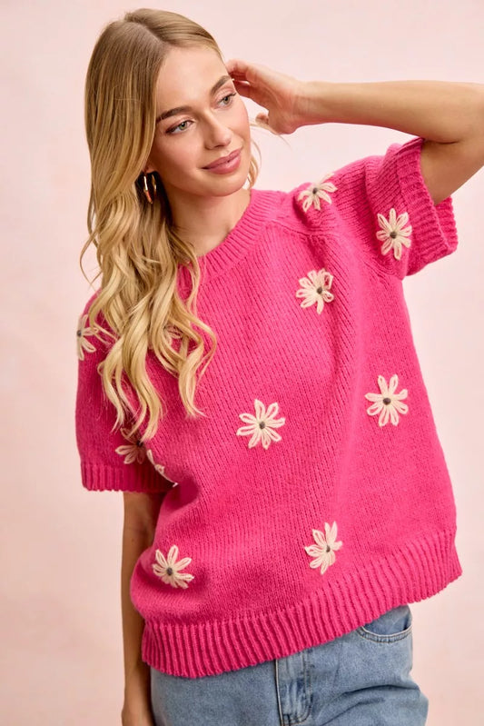 Flower Embroidered Short Sleeves Knit Top 354dc757-6cdc-443f-9931-5ed2351fa2f9-Max-Origin