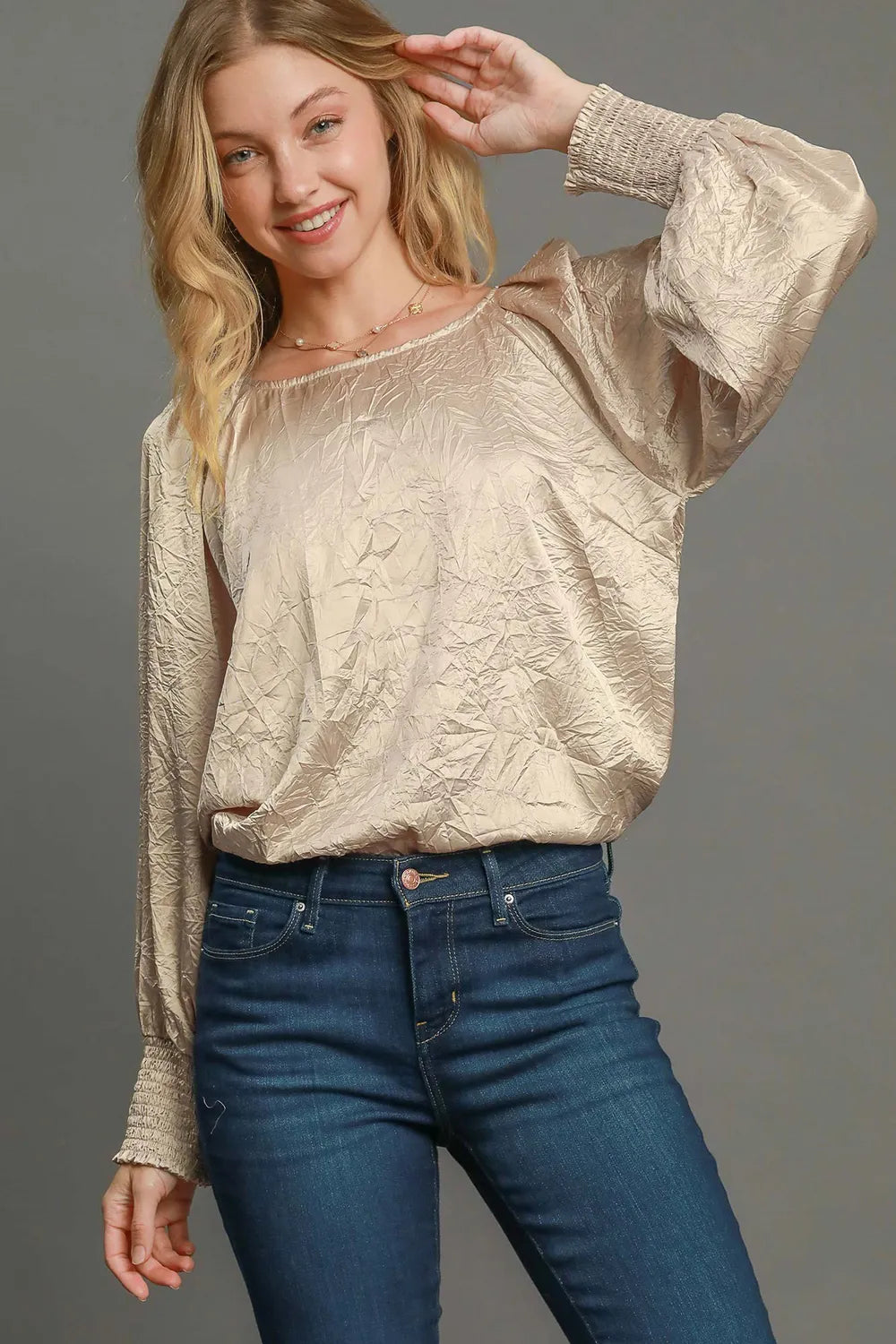 Umgee Wrinkled Round Neck Lantern Sleeve Blouse Tan 3550636a-4670-492e-abaa-678b13bf483c-Max
