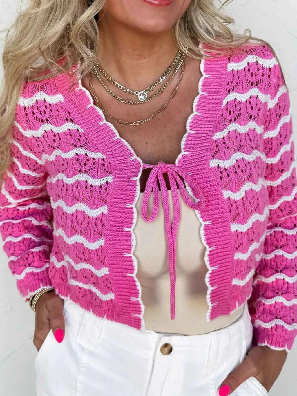 Striped Crochet Tie-Front Cardigan Fuchsia Pink 35574482-62a5-462c-9409-50f0d638b220-Max-Origin
