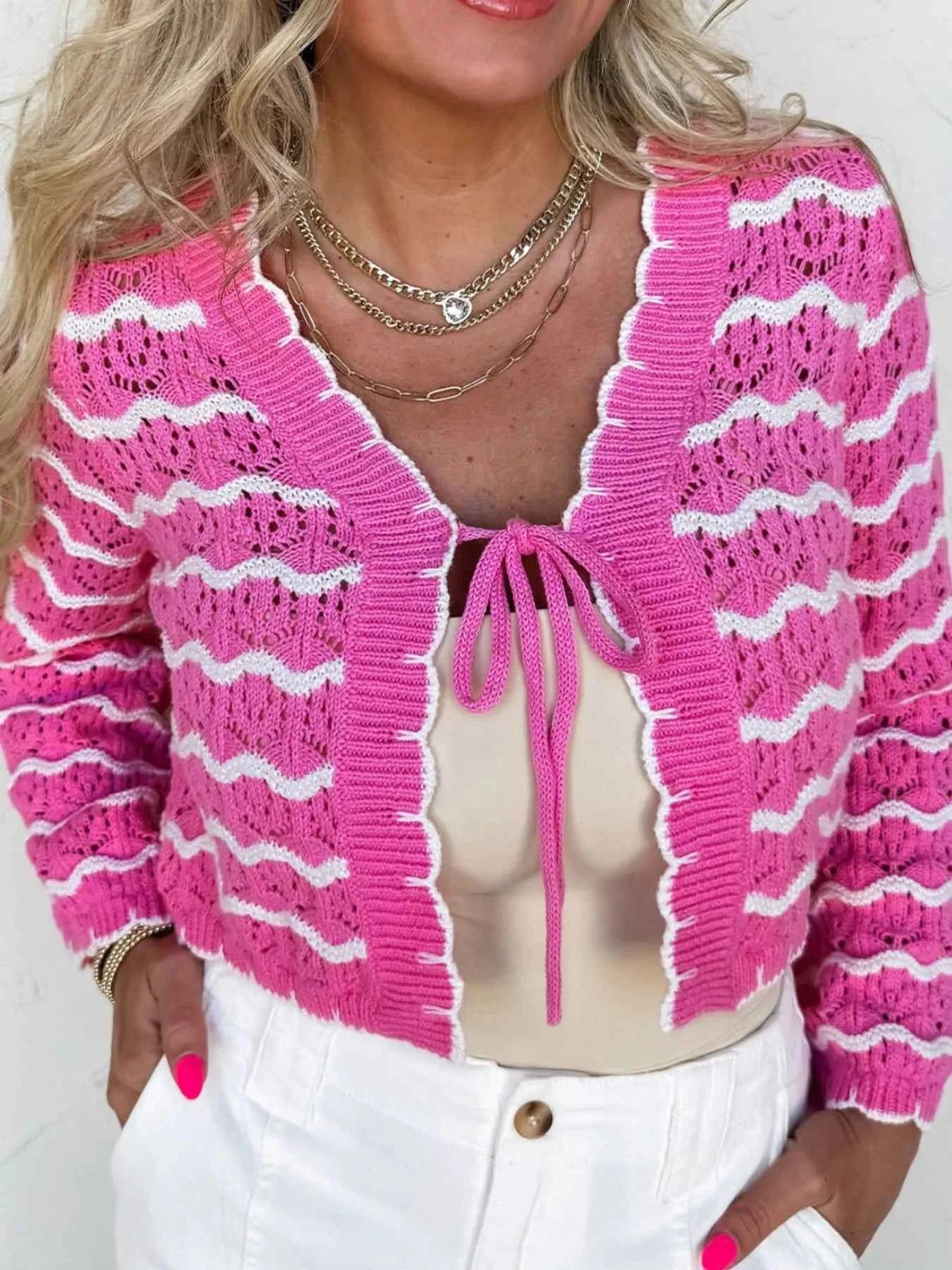 Striped Crochet Tie-Front Cardigan Fuchsia Pink 35574482-62a5-462c-9409-50f0d638b220-Max-Origin