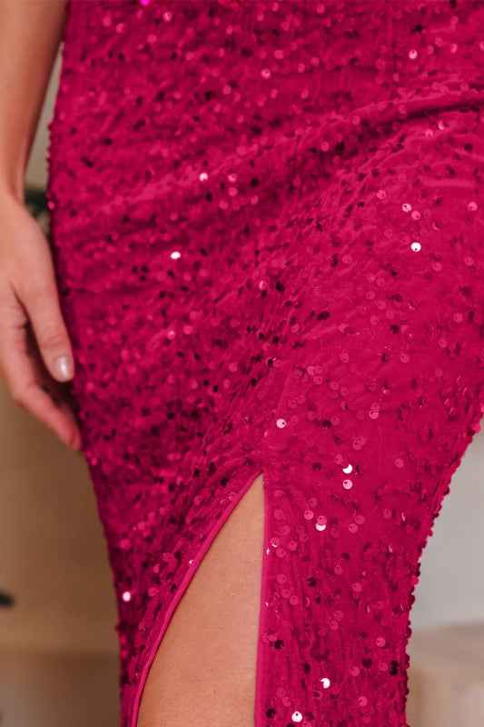 Sequin One Shoulder Thigh High Split Bodycon Gown 35577dde-025c-448e-902e-54e893cd9aeb