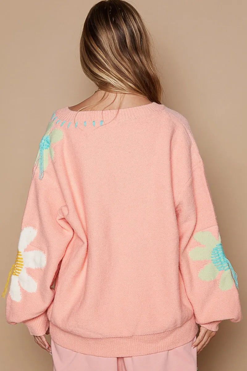 POL V-Neck Long Sleeve Flower Fringe Sweater 355c4a8c-f778-44cd-8052-2f741b4783b7-Max
