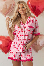 Rose Cherry Bow Mixed Print Scalloped Edge Short Pajama Set 3562642f8a5dd6c1