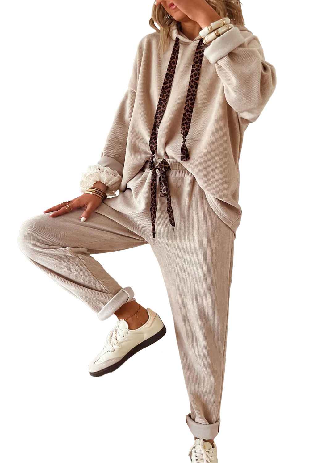 Jet Stream Drawstring Pullover Hoodie and High Waist Pants Corduroy Suit 356377376f6926a4