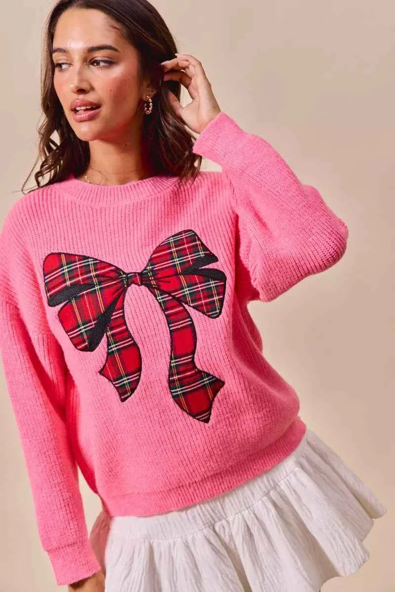 SO ME Checker Plaid Ribbon Christmas Holiday Sweater 3564b2a950d14507b5939f776084bd24-Max-Origin