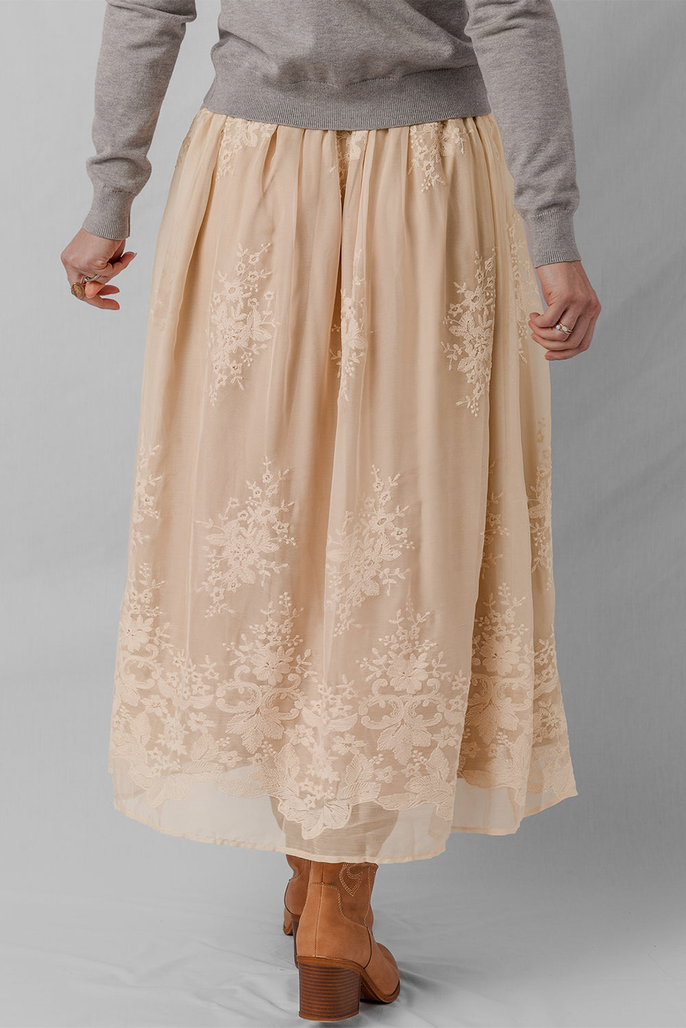 Oatmeal Embroidered Mesh Overlay Flowy Long Skirt 356973d3e50e144c
