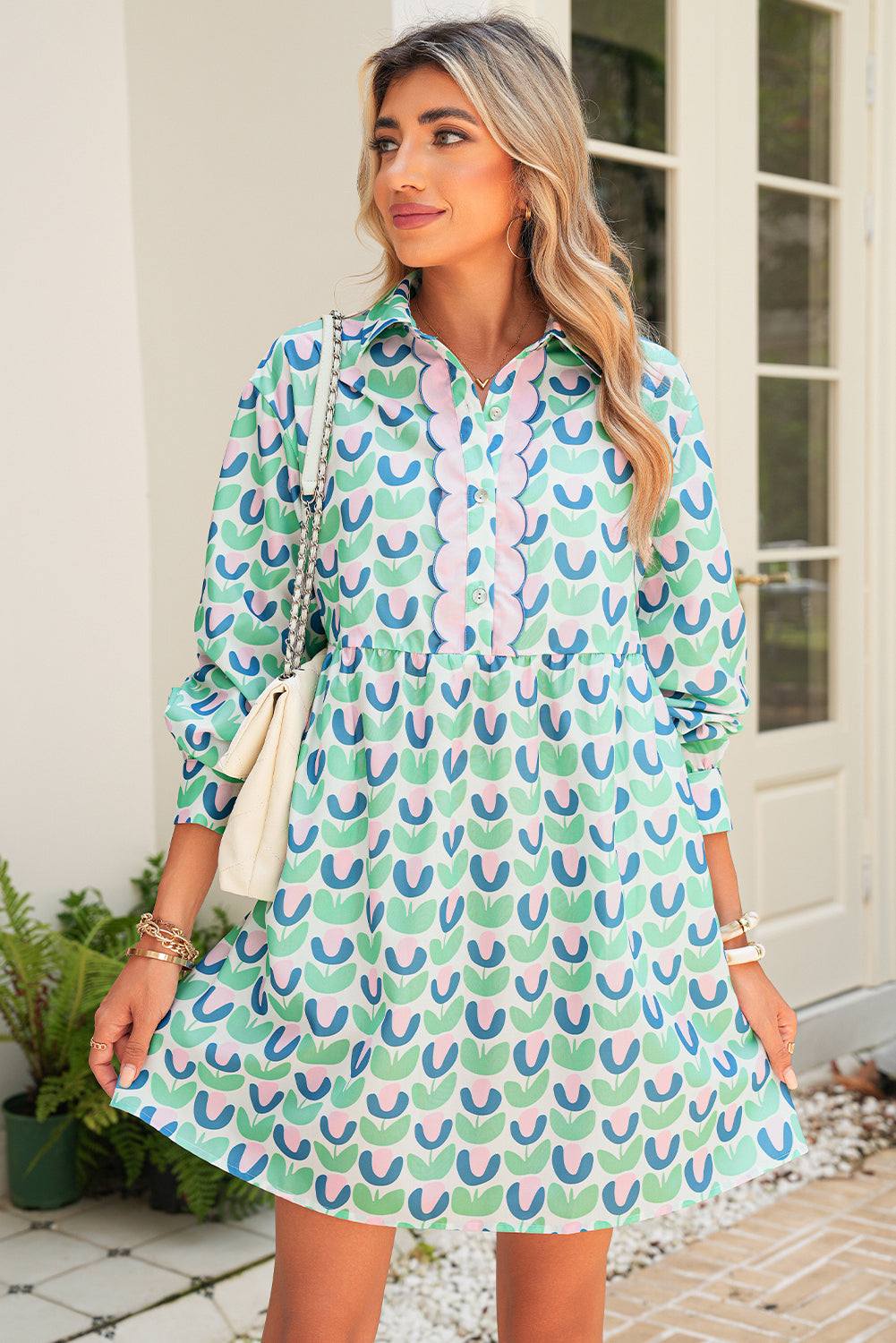 Green Floral Print Scallop Trim Pocket Mini Dress 356e3aeb62451ae6