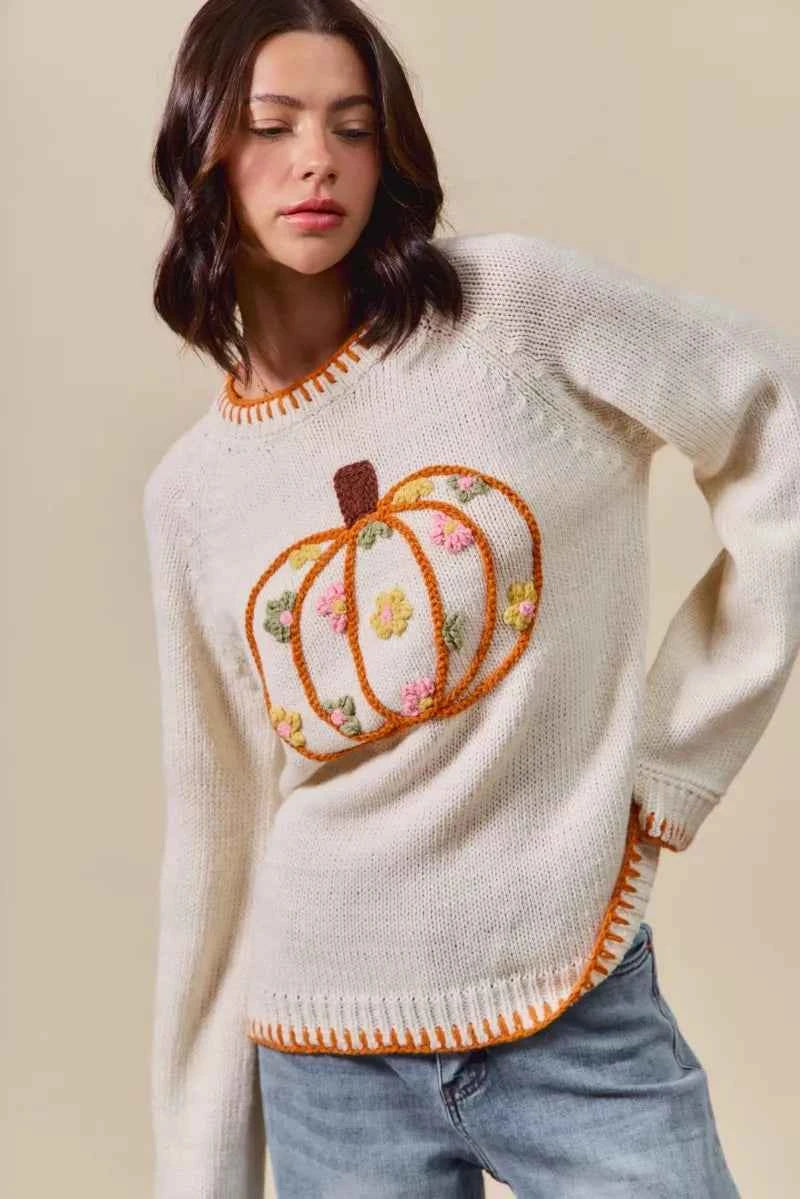 SO ME Pumpkin Floral Embroidered Thanksgiving Sweater 357054a430754cae9aa328d8a14046d7-Max-Origin