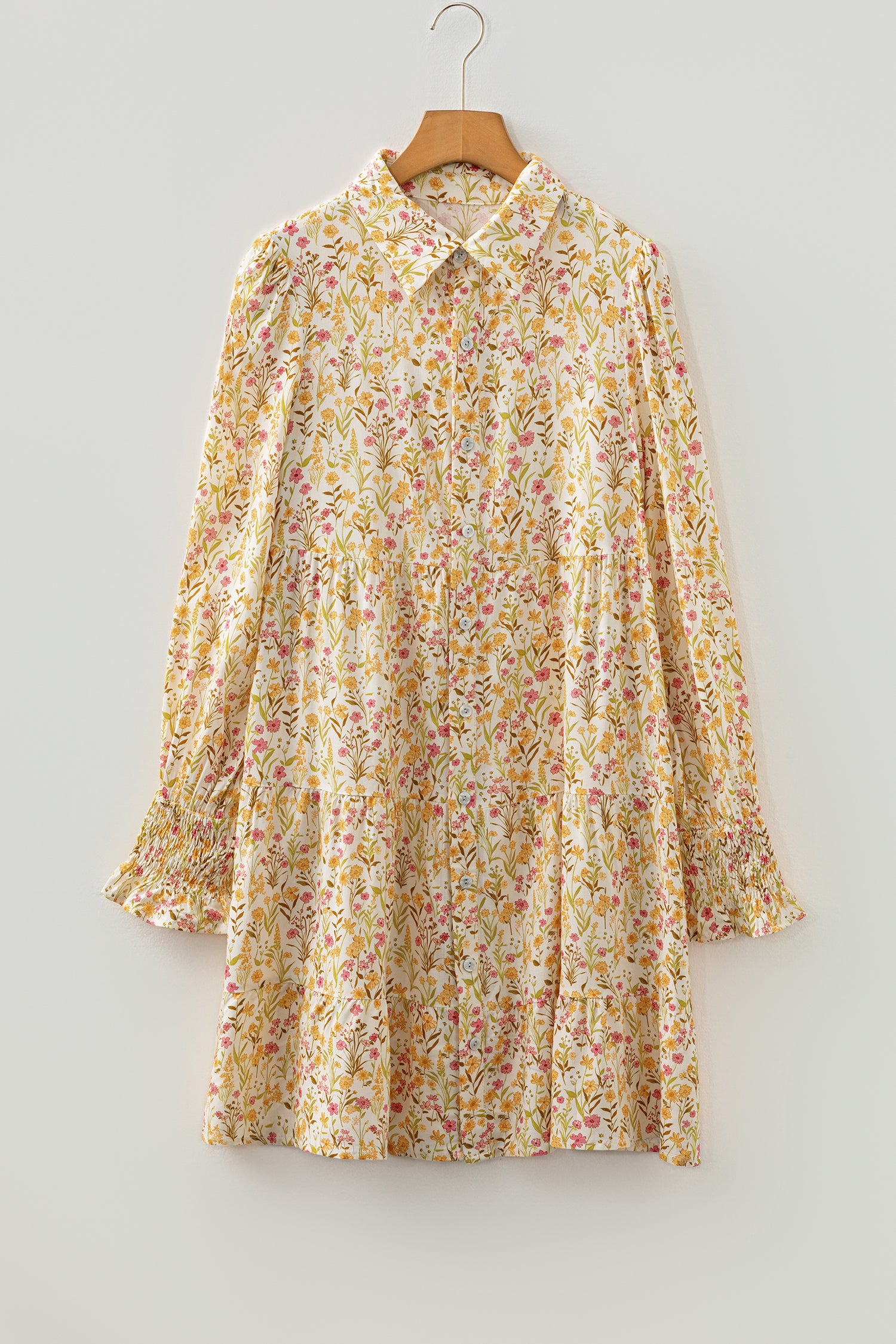 Yellow Floral Print Frilly Trim Smocked Cuff Long Sleeve Loose Shirt Dress 358087408856748d