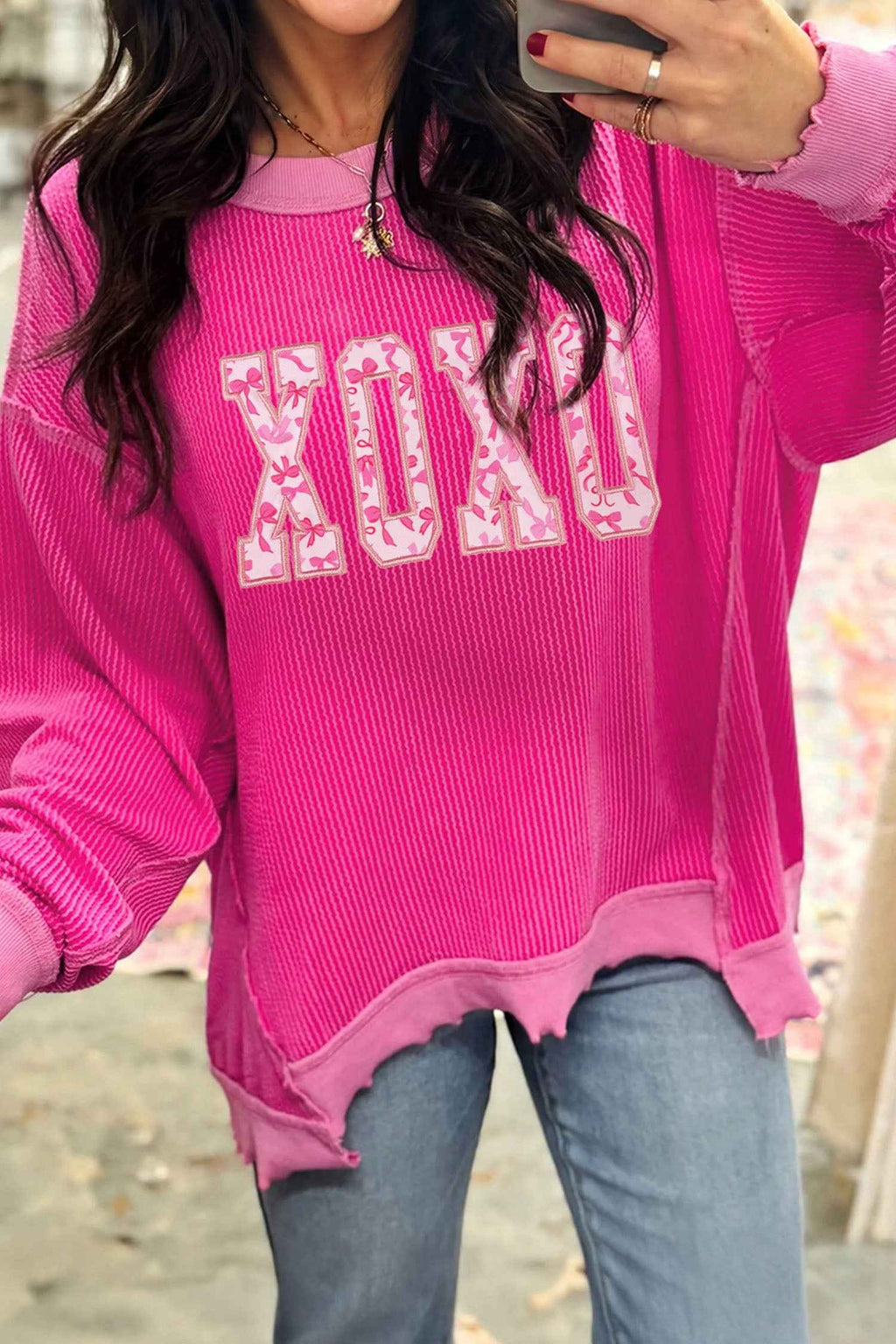 Strawberry Pink Twisted Ribbed Long Sleeve XOXO Bow Print Embroidered Patch Graphic Top 35823313caf72bbe