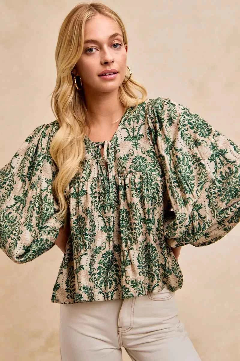 BiBi Printed Woven Front Tied Blouse with Baloon Sleeve 358537f64e1944398de4b4138d78349b-Max-Origin