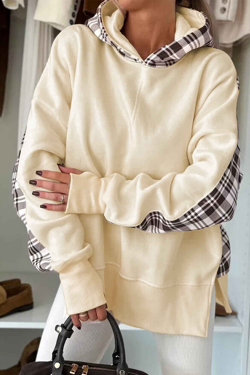 Beige Plaid Patchwork Side Slit Sweatshirt Beige 65%Polyester+35%Cotton 35883b1fa64c8a12