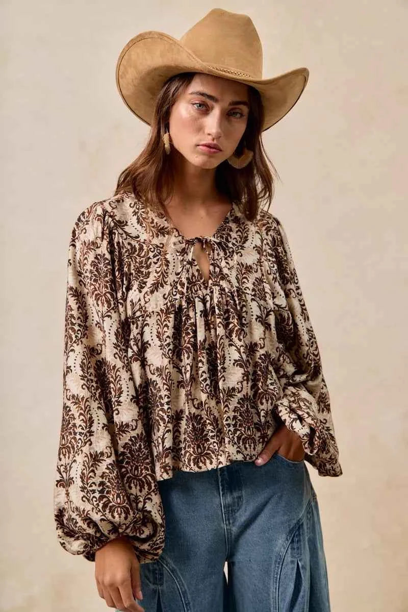BiBi Printed Woven Front Tied Blouse with Baloon Sleeve TAN BROWN 3589b7cfe0784b4fb5c689b96845f6cb-Max-Origin
