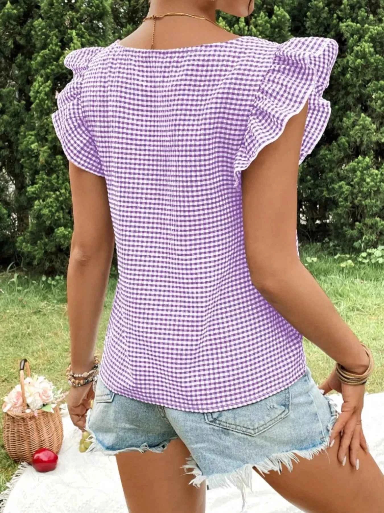 Gingham Ruffle Sleeve Square Neck Blouse 3593da48-6681-4f0e-b6ab-9b75df524bda-Max-Origin