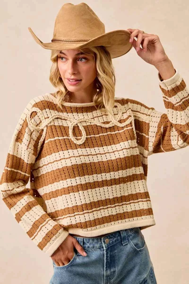 BiBi Striped Open Knit Sweater Top with Front Braided Detail 359629c5509c4bfb9fa6b678f72469cc-Max-Origin