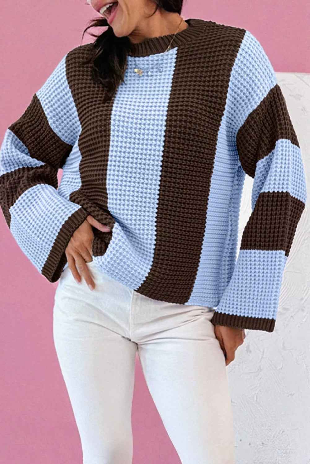 Myosotis Striped Color Block Thermal Textured Knit Drop Shoulder Sweater Myosotis 55%Acrylic+45%Cotton 359984cf1c48d657