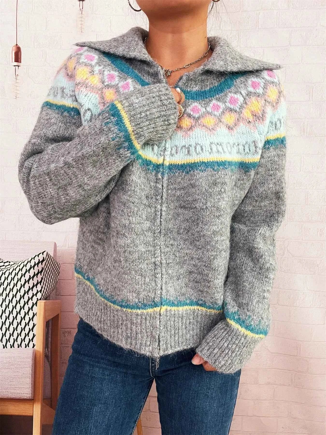 Fair Isle Pattern Zip-Up Cardigan Gray One Size 359a975d7cbb4daeb4ec3bb94e219698-Max-Origin