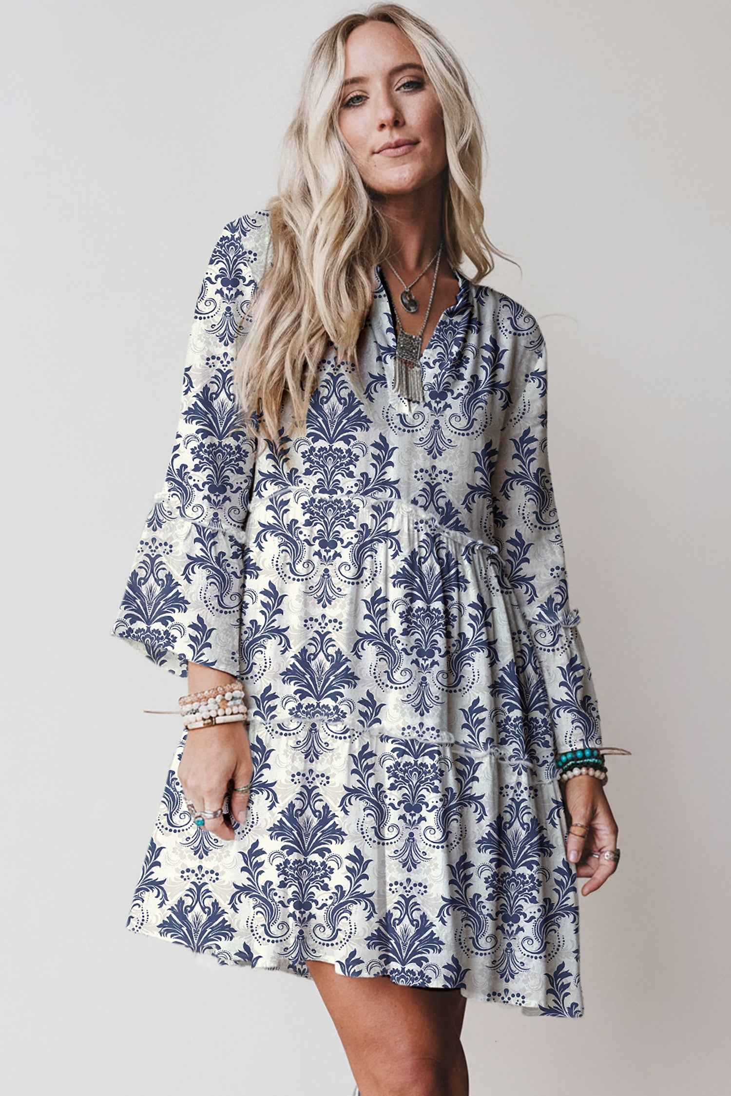 Sky Blue Boho Floral Print Lettuce Trim 3/4 Sleeve Mini Dress 359b3c9f69140e6a