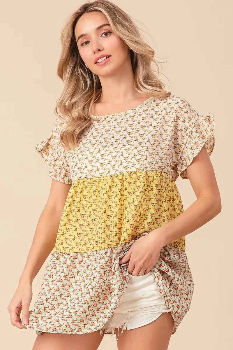 Flroal Printed Woven Color Block and Tiered Top 359fa0041eb1492aac03badc35e33b67-Max-Origin