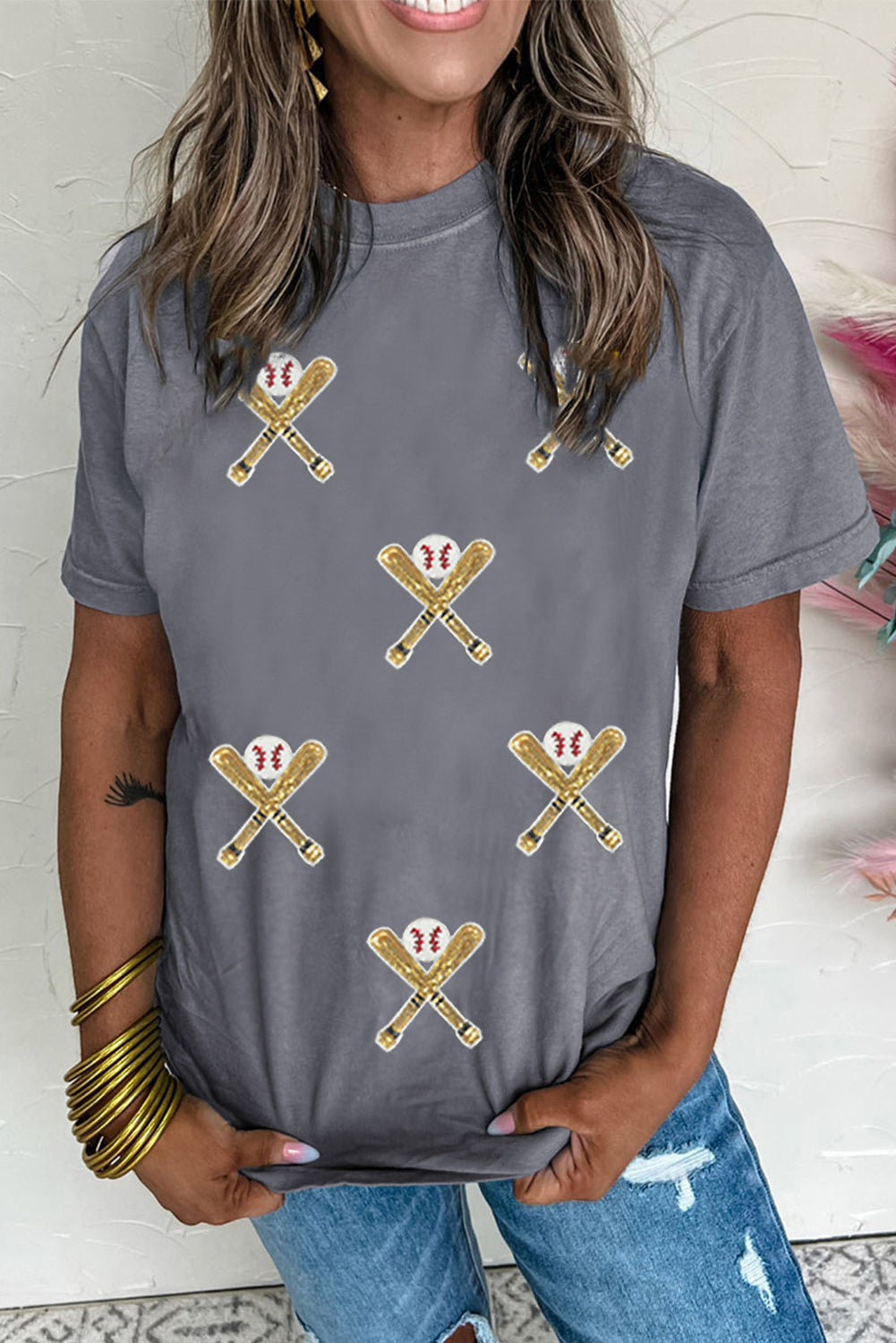 Gray Sequin Baseball Bat Graphic Game Day Casual Tee 35a30c034eb77425