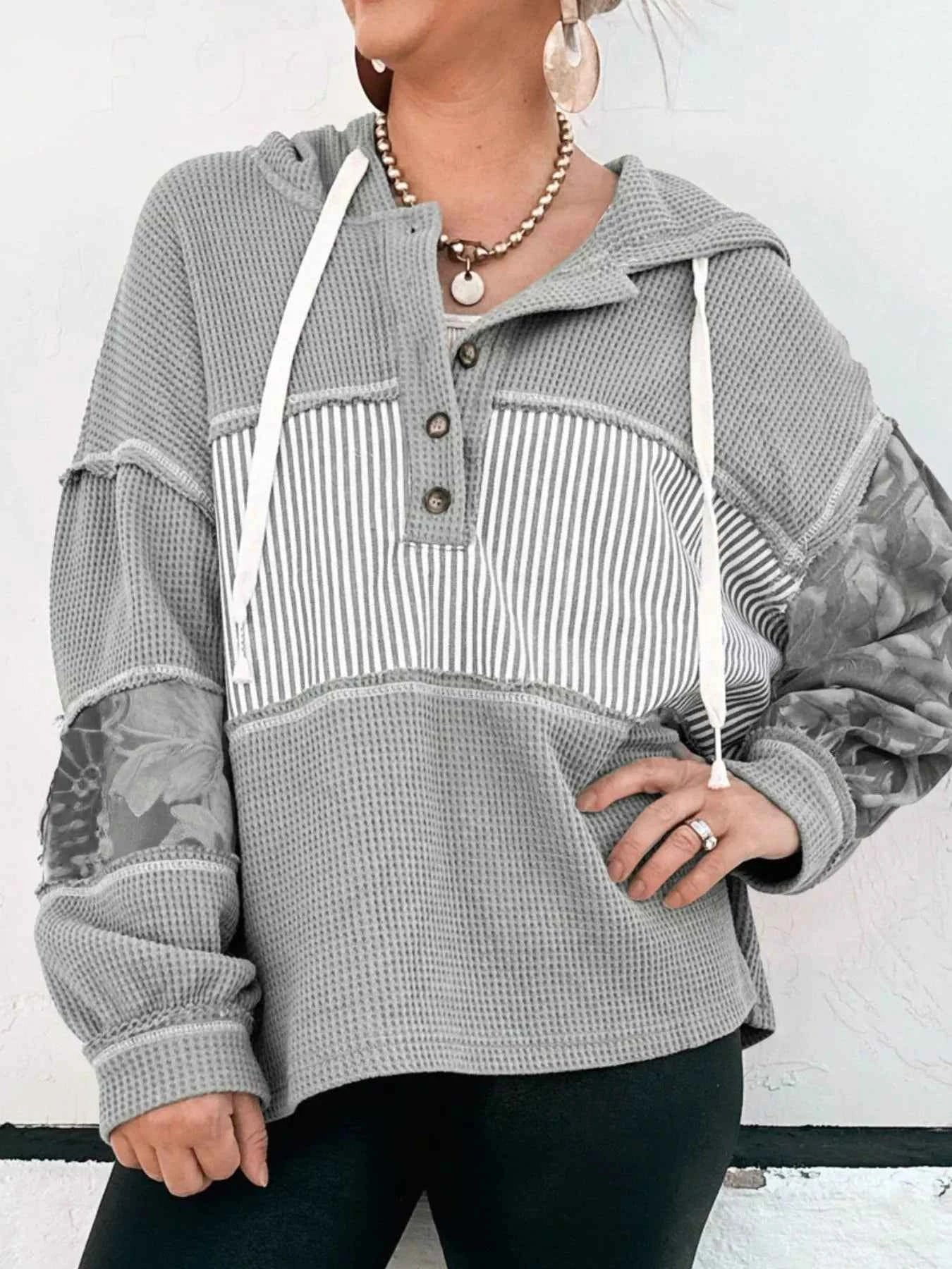 Waffle Knit Striped Drawstring Hoodie 35a33444-baa9-46bc-9f54-4d685338cf1e-Max-Origin