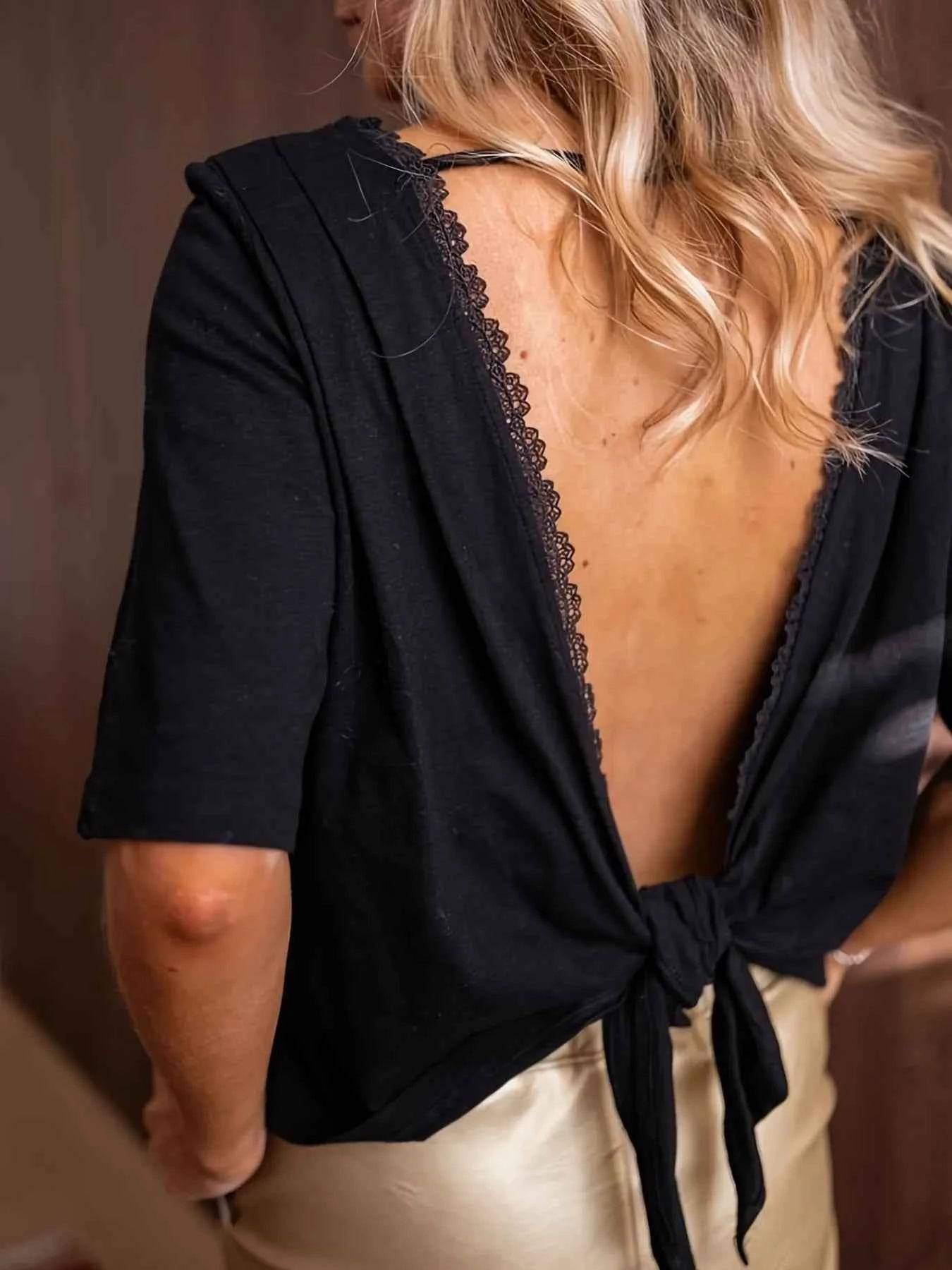 Lace Trim Open Back Tie Blouse Black 35a3b42c6502417a82c42eb723cd4911-Max-Origin