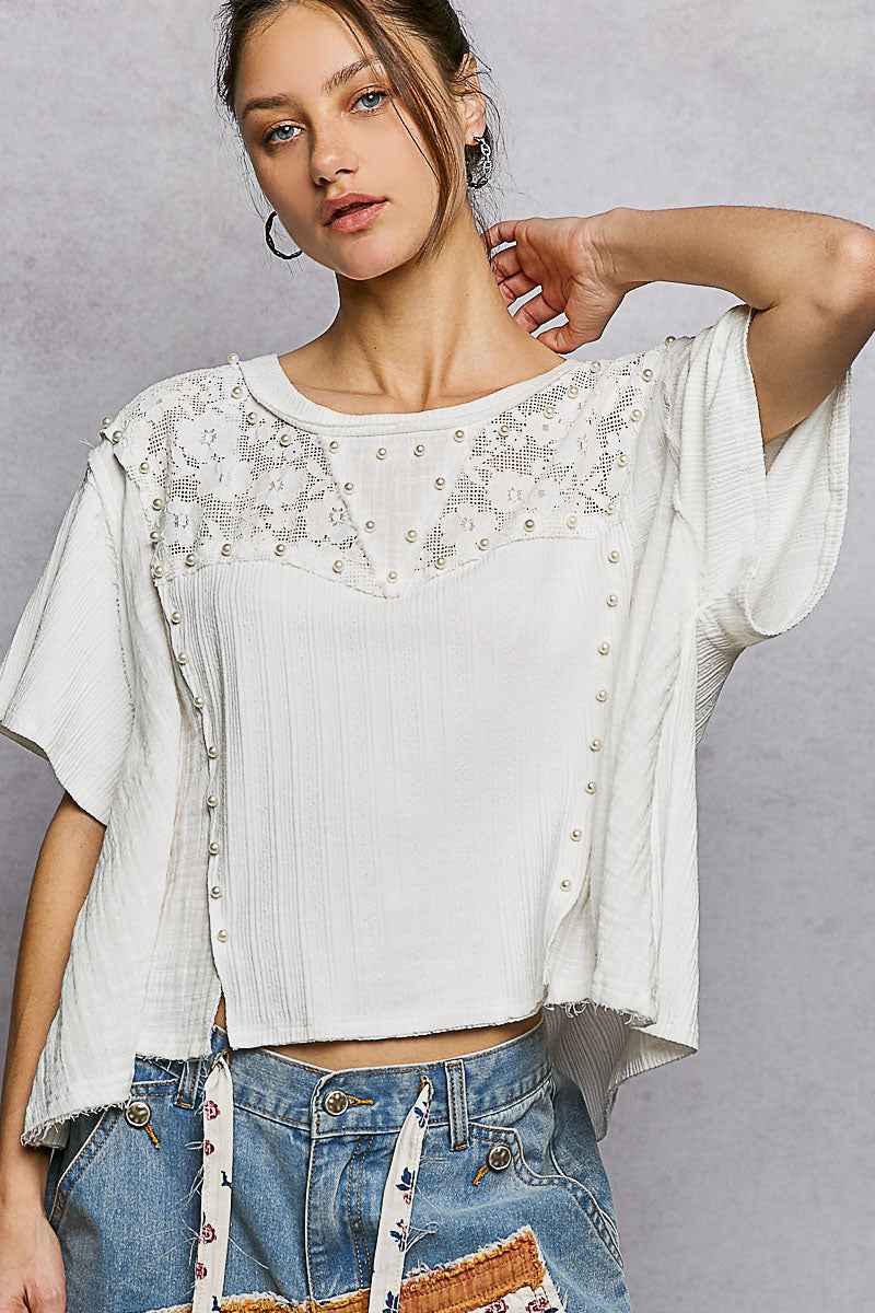 POL Lace Pearl Stud Round Neck Short Sleeve Shirt 35a4eda3-8b78-43a6-89a5-767f0c3df8dd-Max