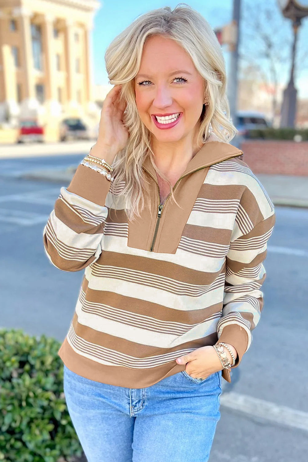 Khaki Striped Zipper Collar Pullover Sweatshirt 35a502956e8d3474